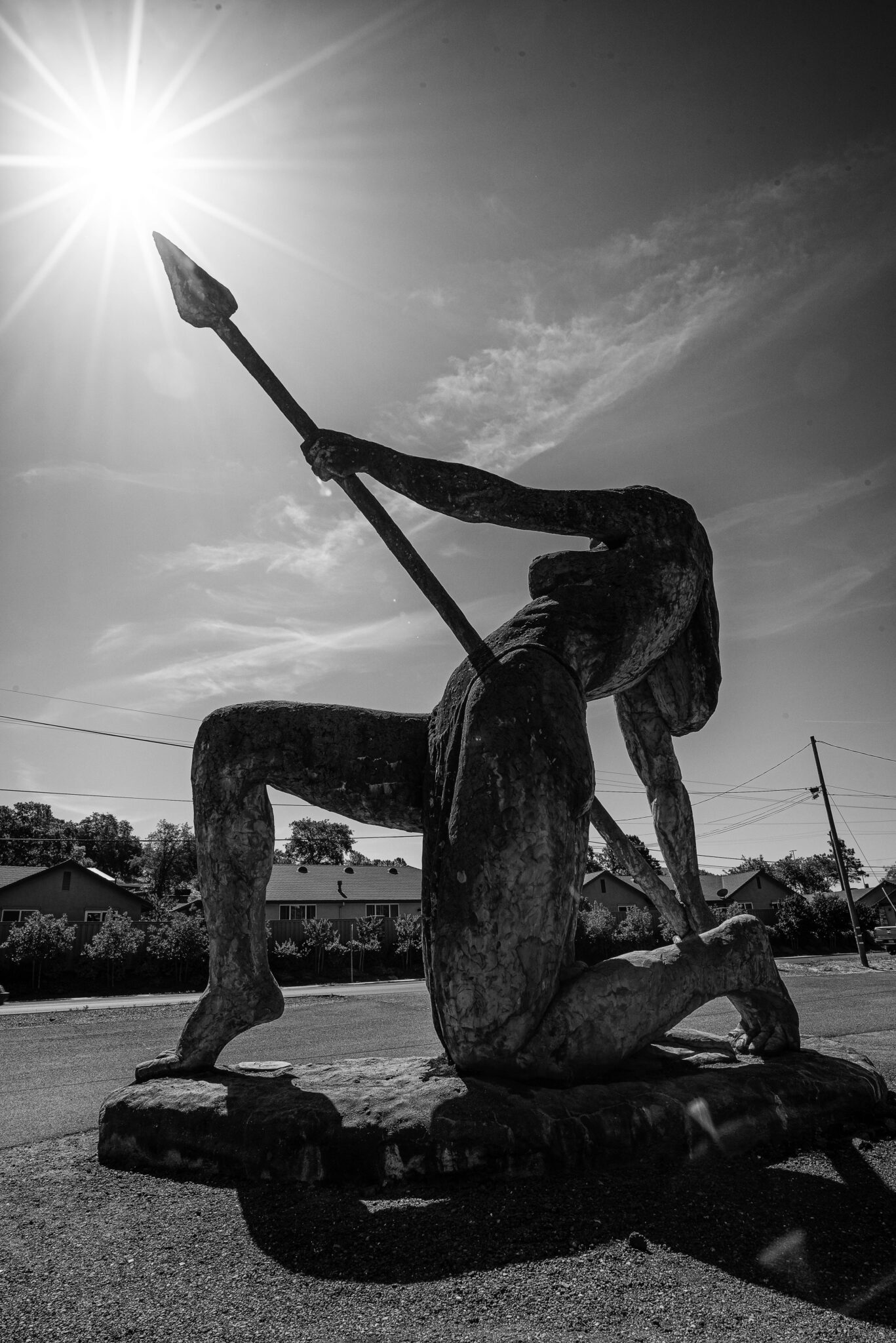 black and white photo amazon woman with spear auburn california chris allan sunburst public art