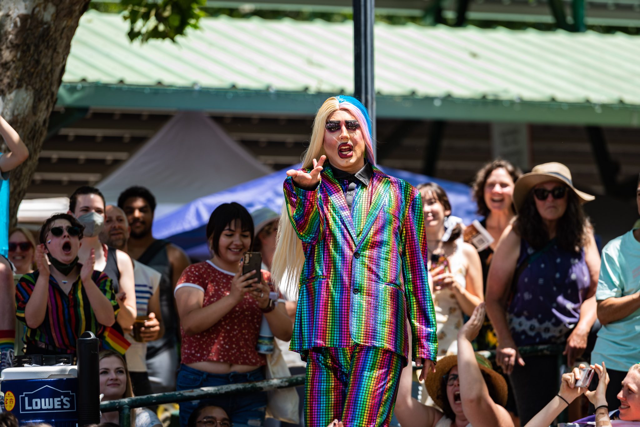 mercury rising, drag queen, rainbow sequin suit, davis pride, davis, california, pride month, gay community, event, chris allan, freelance photojournalist, news photography, lgbtq, event, colorful