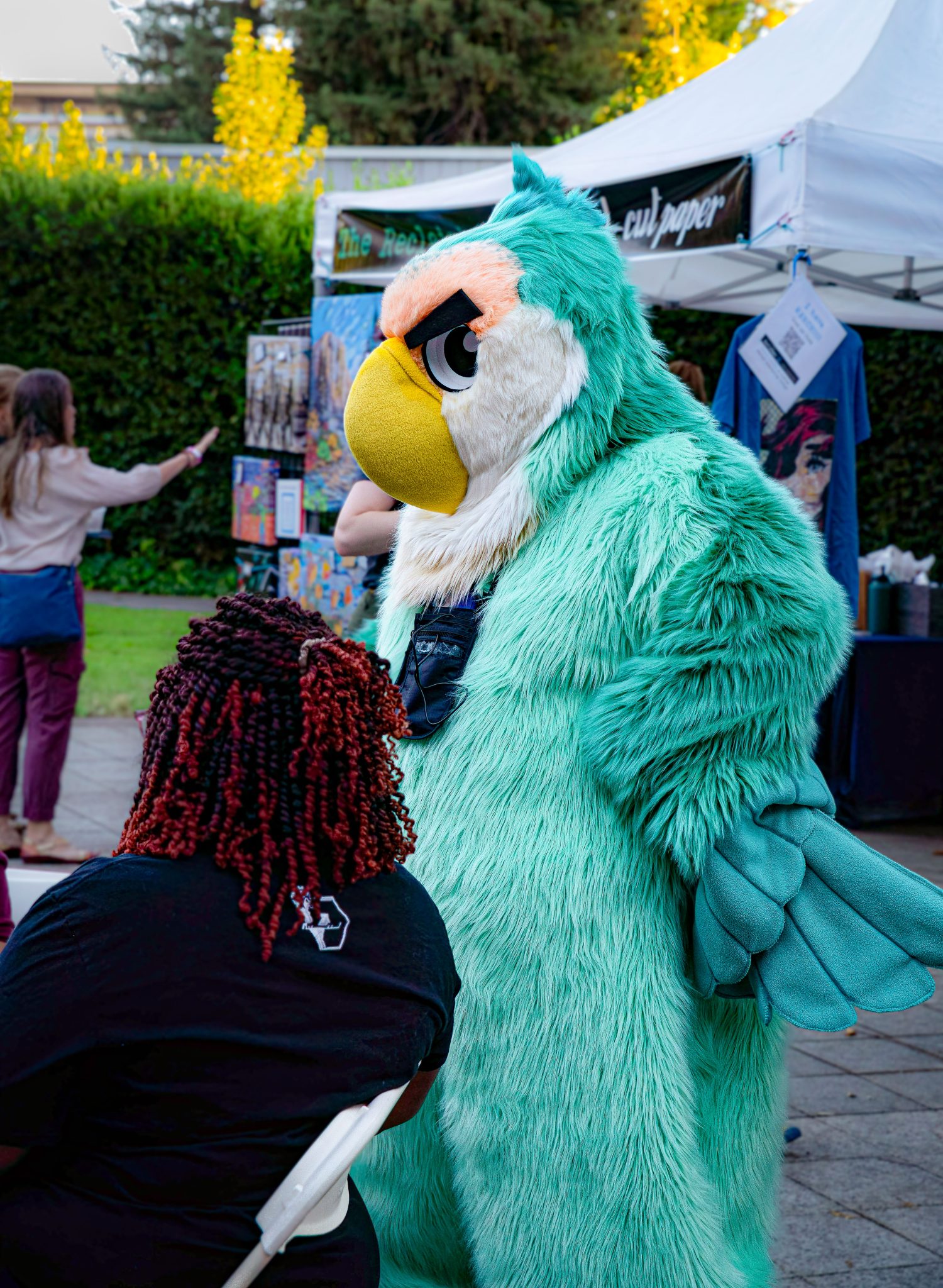Angry bird, turquoise green, blue, furry, CrockerCon, Artmix, Crocker Art Museum, Sacramento, California, art museum, comic, cartoon, event, cosplay, costumes, dress up, fun, halloween