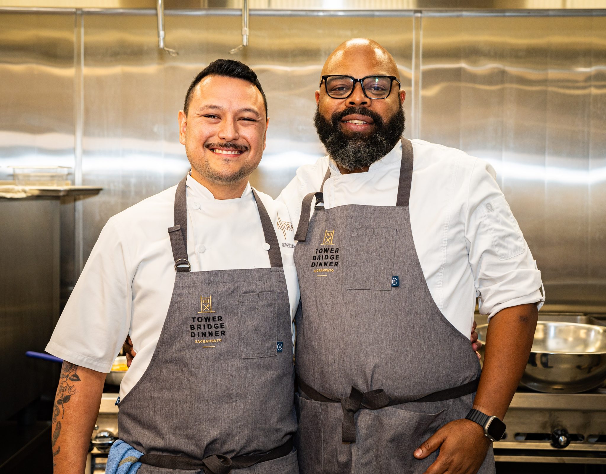 Derek Sawyer, Dennis Sydnor, renegade dining, allora, two men, african american, hispanic, Farm to fork festival, sacramento, california, gourmet food, chefs, men and woman, people of color, uniforms, friends, fun, happy, cooks, preview dinner