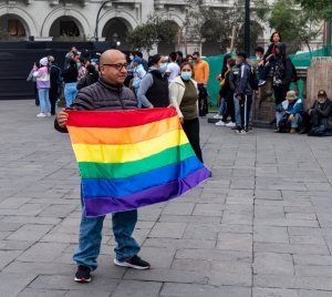 DSC-7693, man, holding, rainbow flag, plaza, lima, peru, pride