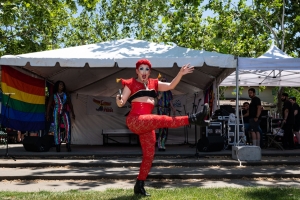 tilly creams, kicking up her heels, performing, drag queen, davis pride, davis, california, pride month, gay community, event, chris allan, freelance photojournalist, news photography, lgbtq, event, colorful
