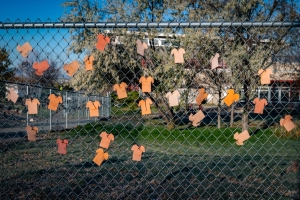 Orange shirts on fence Kamloops Indian Residential School-1611