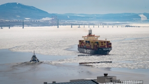 quebec city, canada, cargo ship, cutting through ice, winter, ferry boat, view, bridge