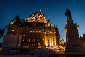 quebec city, canada; chateau frontenac, night, evening, champlain, statue, lit up, winter